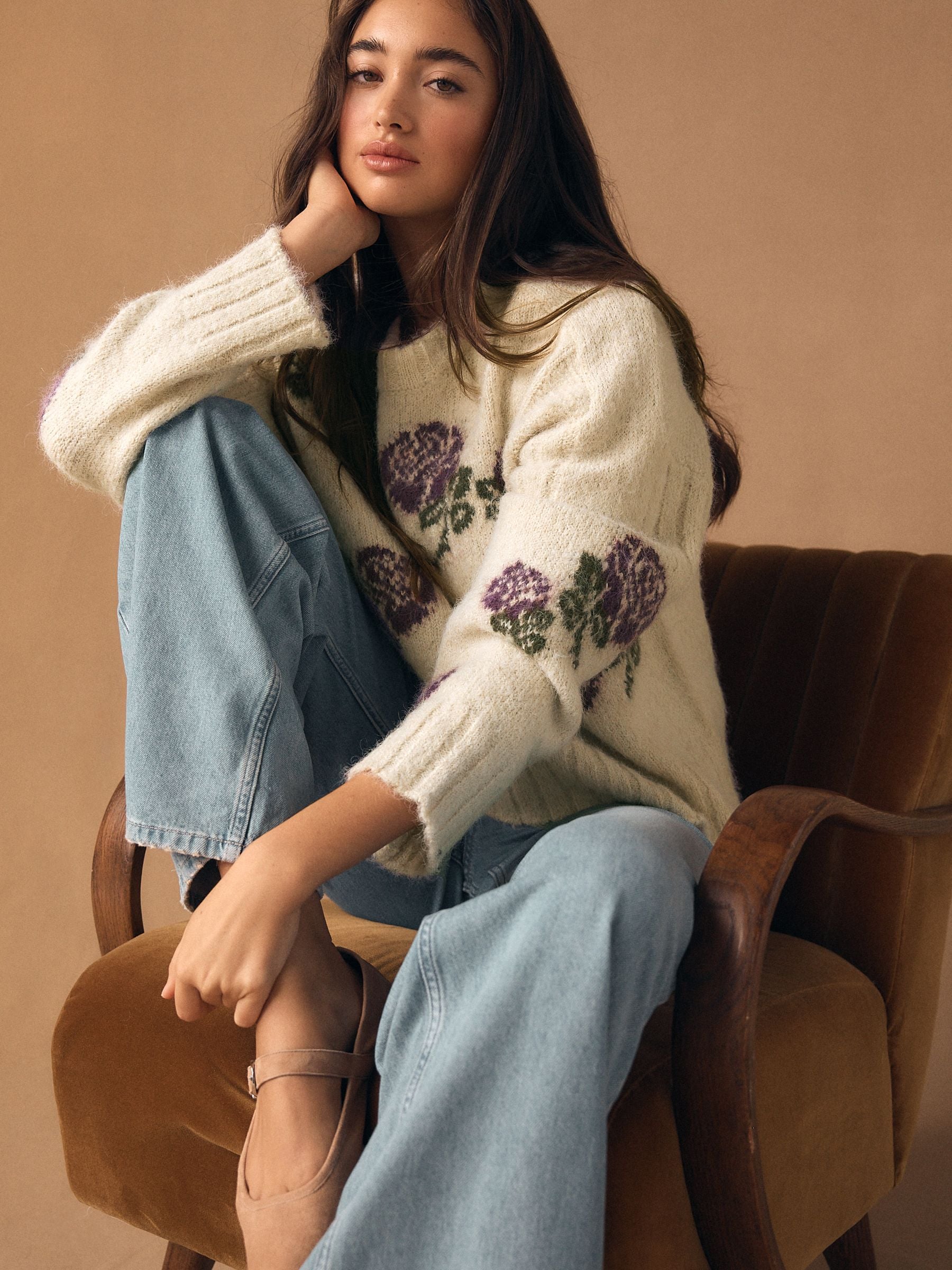 Buy Ecru/Purple Floral Crew Neck Jumper With Alpaca from the Next