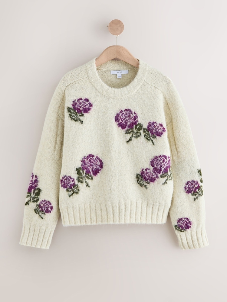 Ecru/Purple Floral - Volnen pulover z okroglim ovratnikom - Slika 1 iz 3 Ecru/Purple Floral - Volnen pulover z okroglim ovratnikom - Slika 1 iz 3