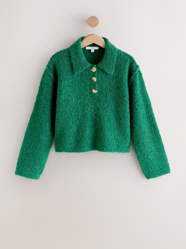 Dark Green Boucle Long Sleeve Polo Jumper - Image 1 of 3 Dark Green Boucle Long Sleeve Polo Jumper - Image 1 of 3