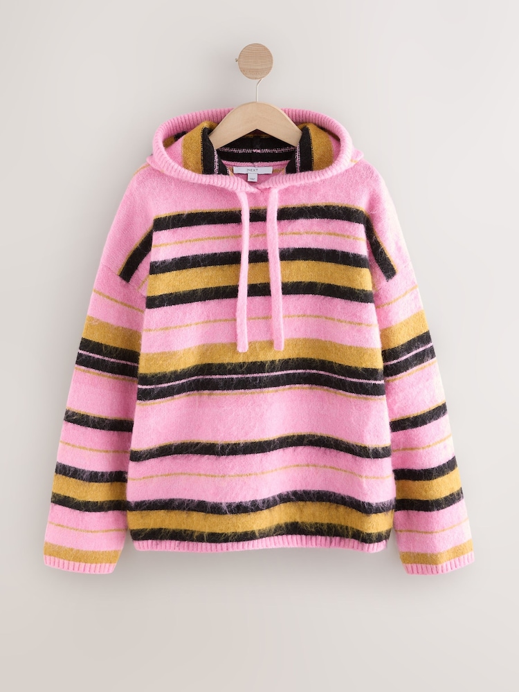 Pink Multi Stripe Brushed Knit Hooded Jumper - Image 1 of 3