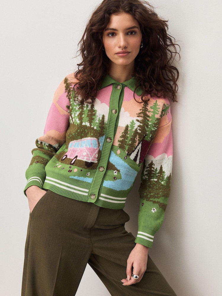 Multi Bright - Camper Scene Landscape Collar Cardigan - Bilde 1 av 9