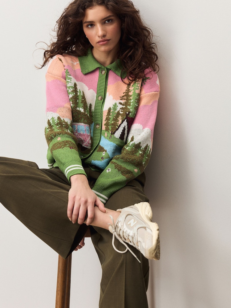 Multi Bright - Camper Scene Landscape Collar Cardigan - Bilde 2 av 9