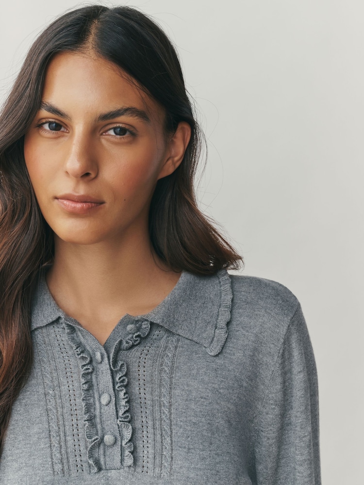 Grey Soft Touch Cotton Rich Frill Polo Top - Image 5 of 5 Grey Soft Touch Cotton Rich Frill Polo Top - Image 5 of 5