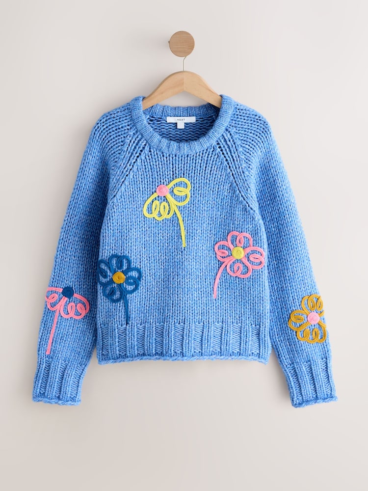Bright Blue Floral - Chunky Knit Crew Neck Jumper With Wool - صورة 1 من 3 Bright Blue Floral - Chunky Knit Crew Neck Jumper With Wool - صورة 1 من 3