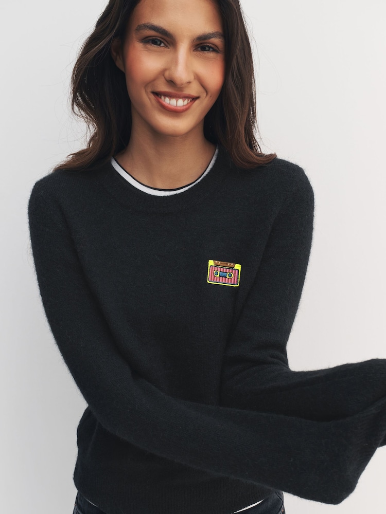 Black Music Cassette Embroidered Crew Neck Wool Blend Jumper - Image 1 of 9 Black Music Cassette Embroidered Crew Neck Wool Blend Jumper - Image 1 of 9