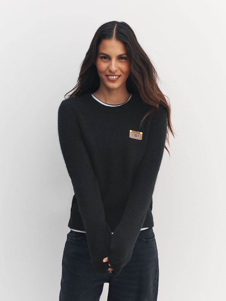 Black Music Cassette Embroidered Crew Neck Wool Blend Jumper - Image 2 of 9 Black Music Cassette Embroidered Crew Neck Wool Blend Jumper - Image 2 of 9