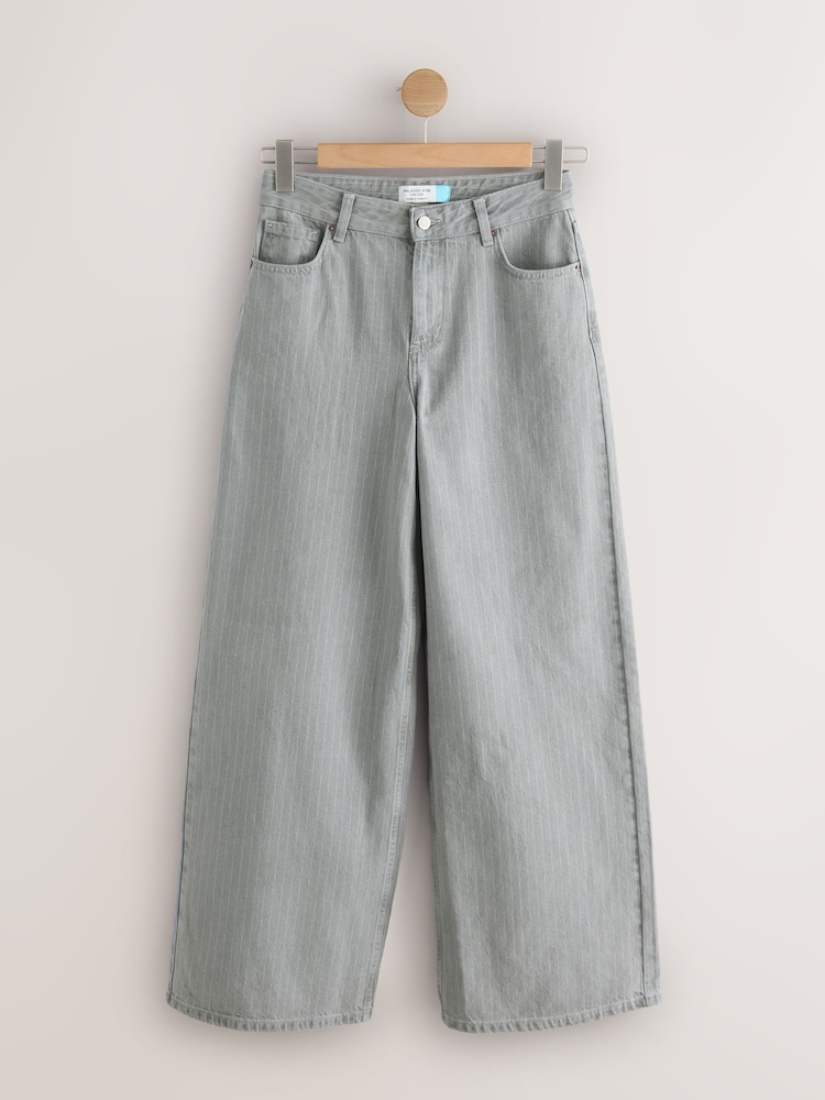 Grey Stripe High Rise Palazzo Wide Leg Jeans - Image 1 of 4 Grey Stripe High Rise Palazzo Wide Leg Jeans - Image 1 of 4
