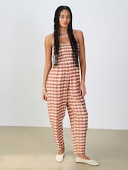 Pink/Green Gingham Bandeau Shirred Body Barrel Leg Jumpsuit - Image 1 of 6
