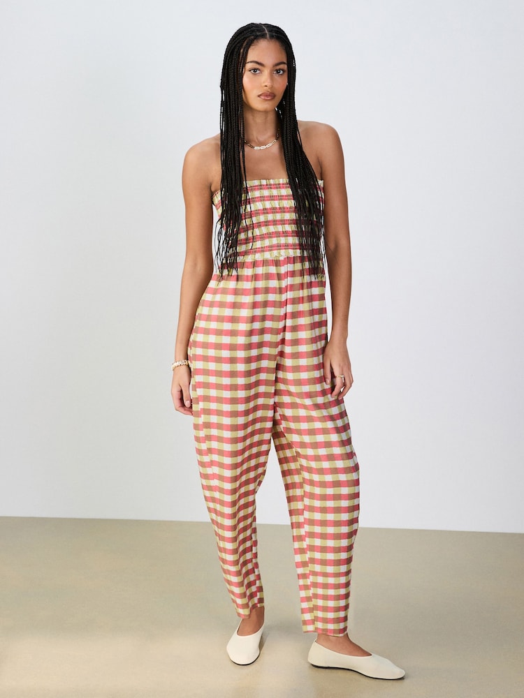 Pink/Green Gingham Bandeau Shirred Body Barrel Leg Jumpsuit - Image 1 of 6