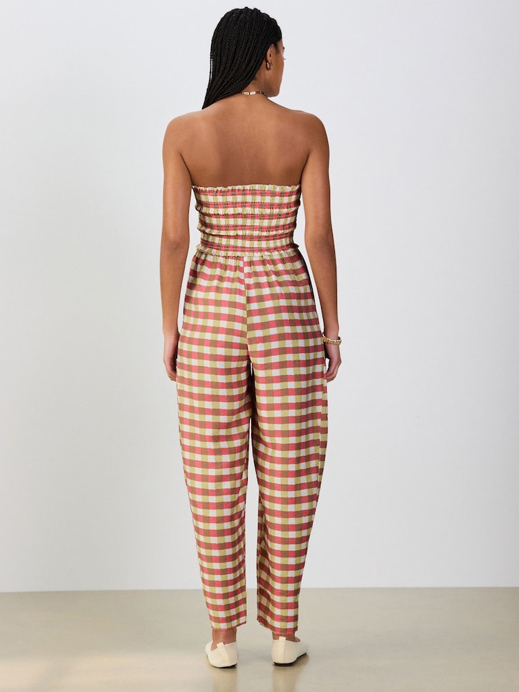 Pink/Green Gingham Bandeau Shirred Body Barrel Leg Jumpsuit - Image 2 of 6