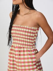 Pink/Green Gingham Bandeau Shirred Body Barrel Leg Jumpsuit - Image 3 of 6