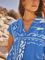 Blue Scenic Print Linen Blend Short Sleeve V-Neck Kaftan Mini Dress - Image 4 of 7