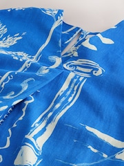 Blue Scenic Print Linen Blend Short Sleeve V-Neck Kaftan Mini Dress - Image 6 of 7