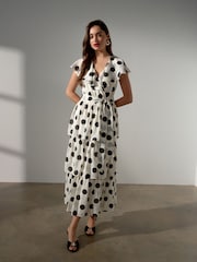 Ecru/Schwarz, gepunktet - Festliches Midikleid mit gerüschtem V-Ausschnitt - Bild 2 von 8