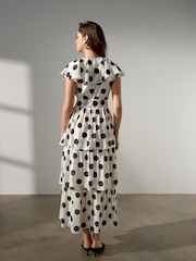 Ecru/Schwarz, gepunktet - Festliches Midikleid mit gerüschtem V-Ausschnitt - Bild 4 von 8