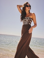 Chocolate Brown Embroidered Bandeau Wide Leg Jersey Jumpsuit - Image 1 of 8