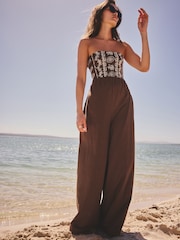 Chocolate Brown Embroidered Bandeau Wide Leg Jersey Jumpsuit - Image 2 of 8