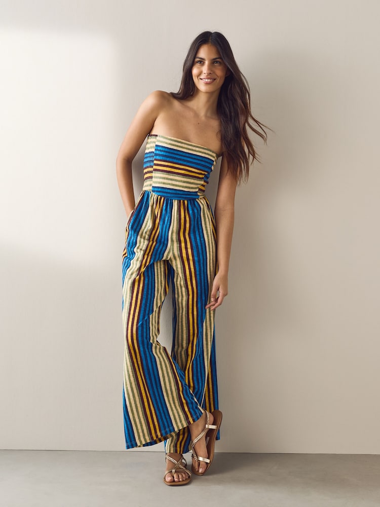 Gestreift, Blau - Bandeau Wide Leg Jersey Jumpsuit - Bild 2 von 8