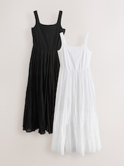 Black and White Sleeveless Square Neck Tiered Midi Summer Dress - Image 1 of 11