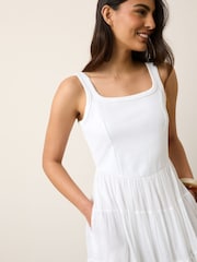 Black and White Sleeveless Square Neck Tiered Midi Summer Dress - Image 5 of 11