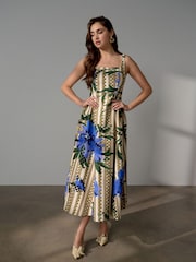 Green Floral Stripe Occasion Cinched Waist Maxi Dress - Image 1 of 8