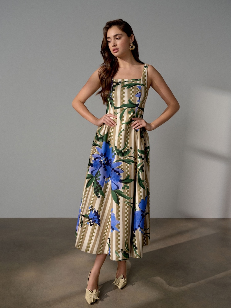 Green Floral Stripe Occasion Cinched Waist Maxi Dress - Image 1 of 8