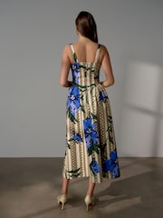 Green Floral Stripe Occasion Cinched Waist Maxi Dress - Image 3 of 8