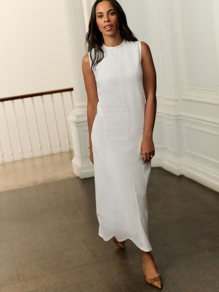 White Seamed Sleeveless Denim Maxi Dress - Image 1 of 6 White Seamed Sleeveless Denim Maxi Dress - Image 1 of 6
