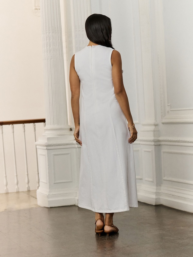 White Seamed Sleeveless Denim Maxi Dress - Image 2 of 6 White Seamed Sleeveless Denim Maxi Dress - Image 2 of 6