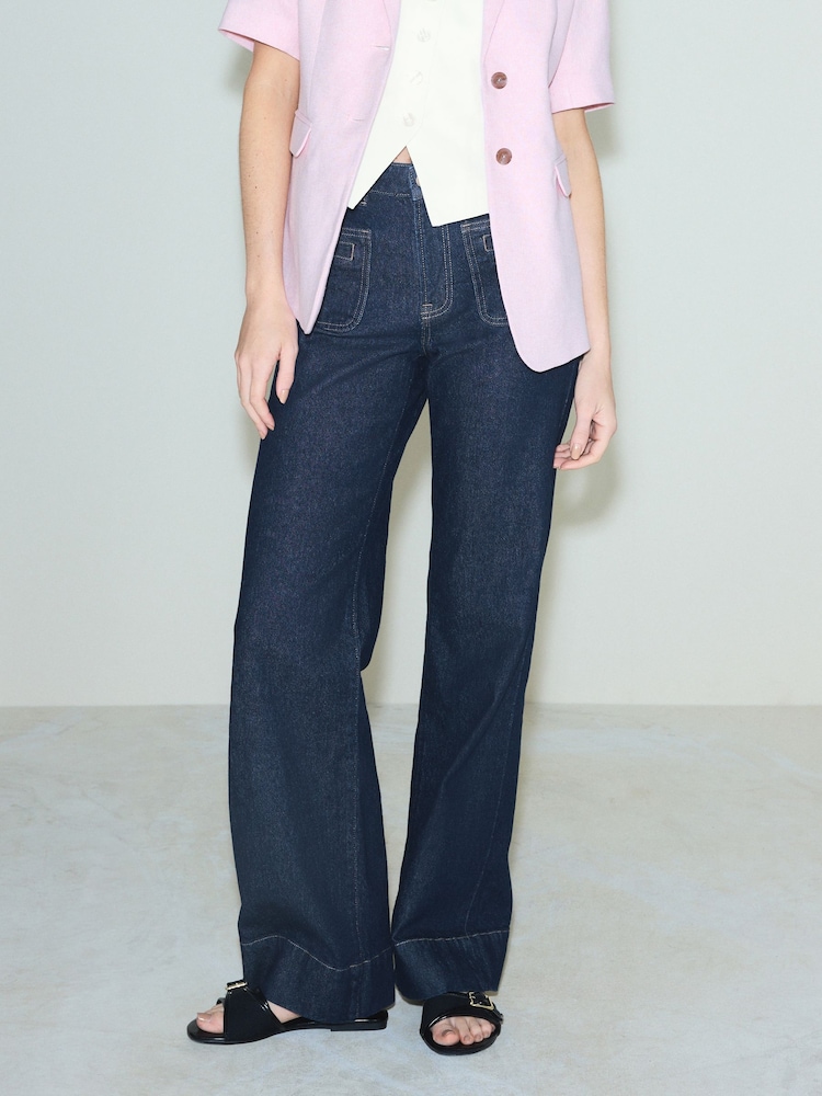 Dark Blue Patch Pocket Wide Leg Jeans - Image 2 of 9