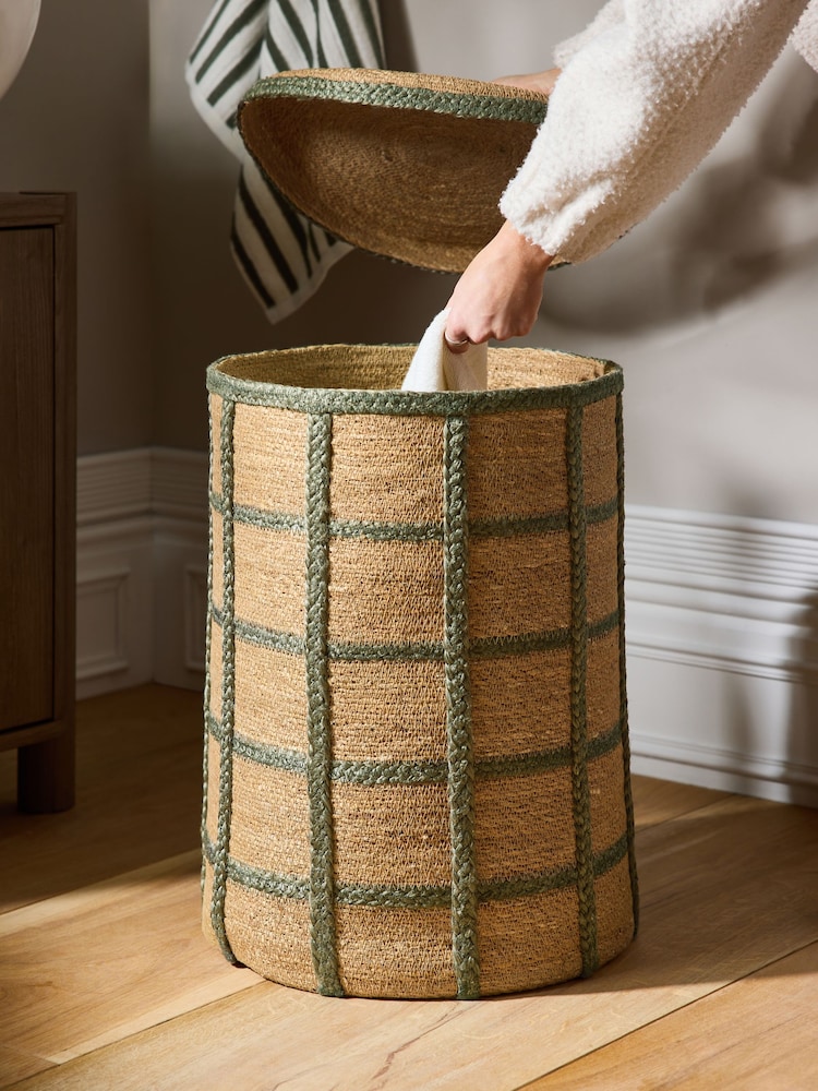 Sage Green Seagrass Check Hamper Laundry Basket - Image 2 of 5