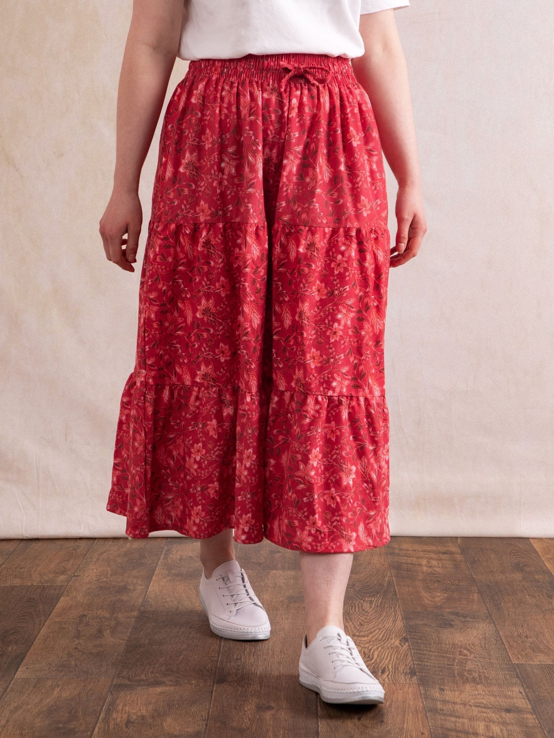 Lakeland Clothing Red 100% Cotton Leanne Floral Print Midi Skirt