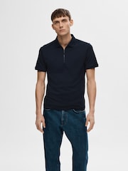Selected Homme Blue Quarter Zip Short Sleeve Polo Shirt - Image 1 of 4