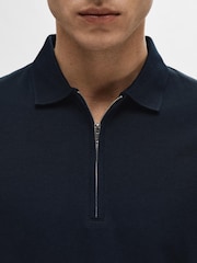 Selected Homme Blue Quarter Zip Short Sleeve Polo Shirt - Image 2 of 4