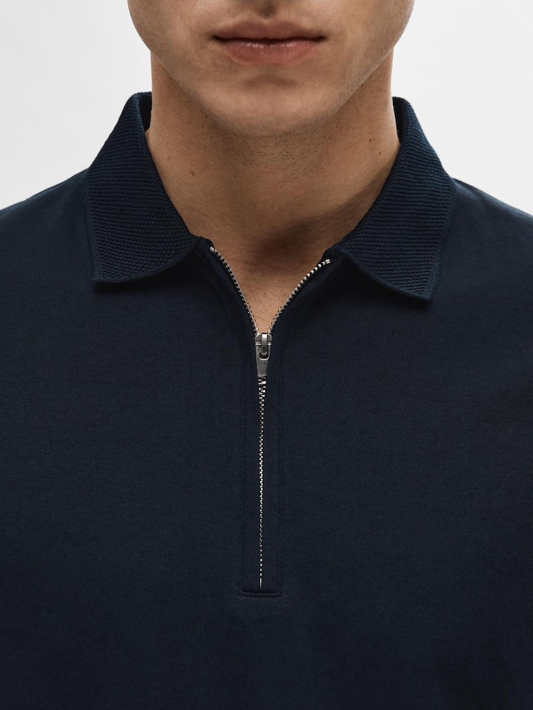 Selected Homme Blue Quarter Zip Short Sleeve Polo Shirt - Image 2 of 4