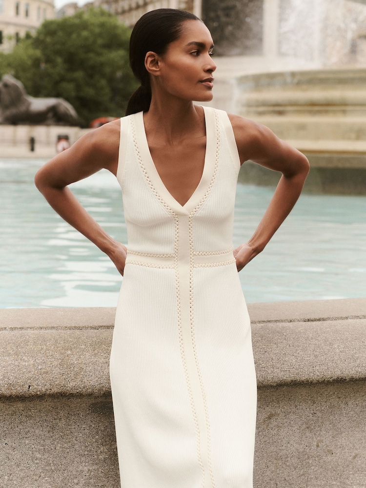 Reiss Ivory Lou Craft-Stitch Knitted Midi Dress - Image 1 of 6