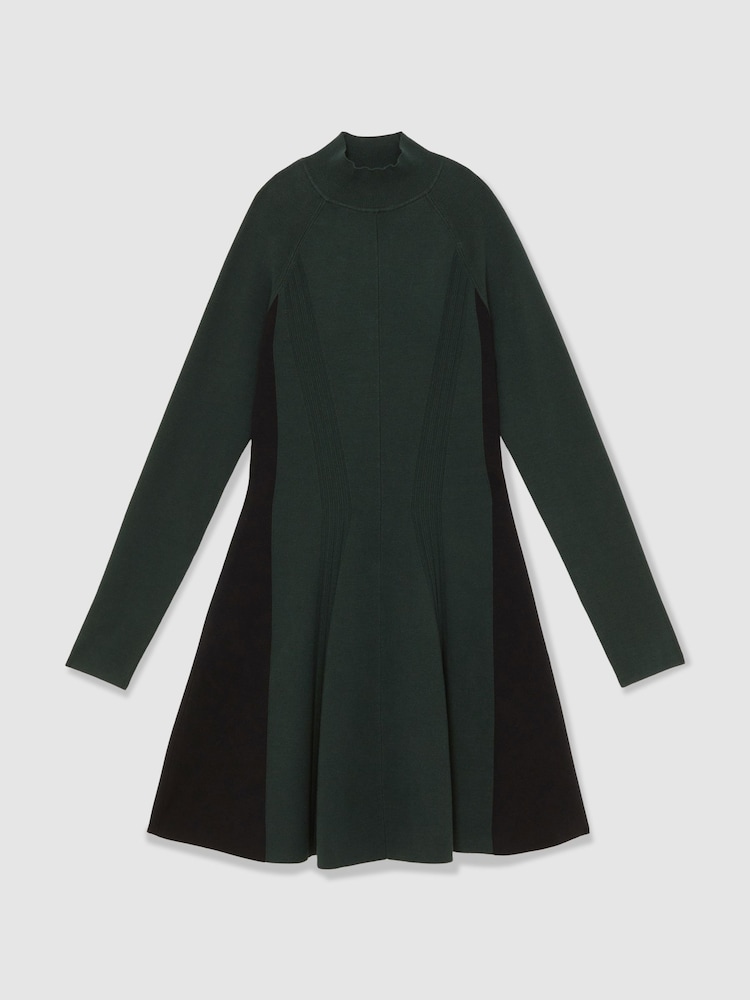 Reiss Green/Black Zadie Knitted Contrast-Panel Skater Dress - Image 2 of 7