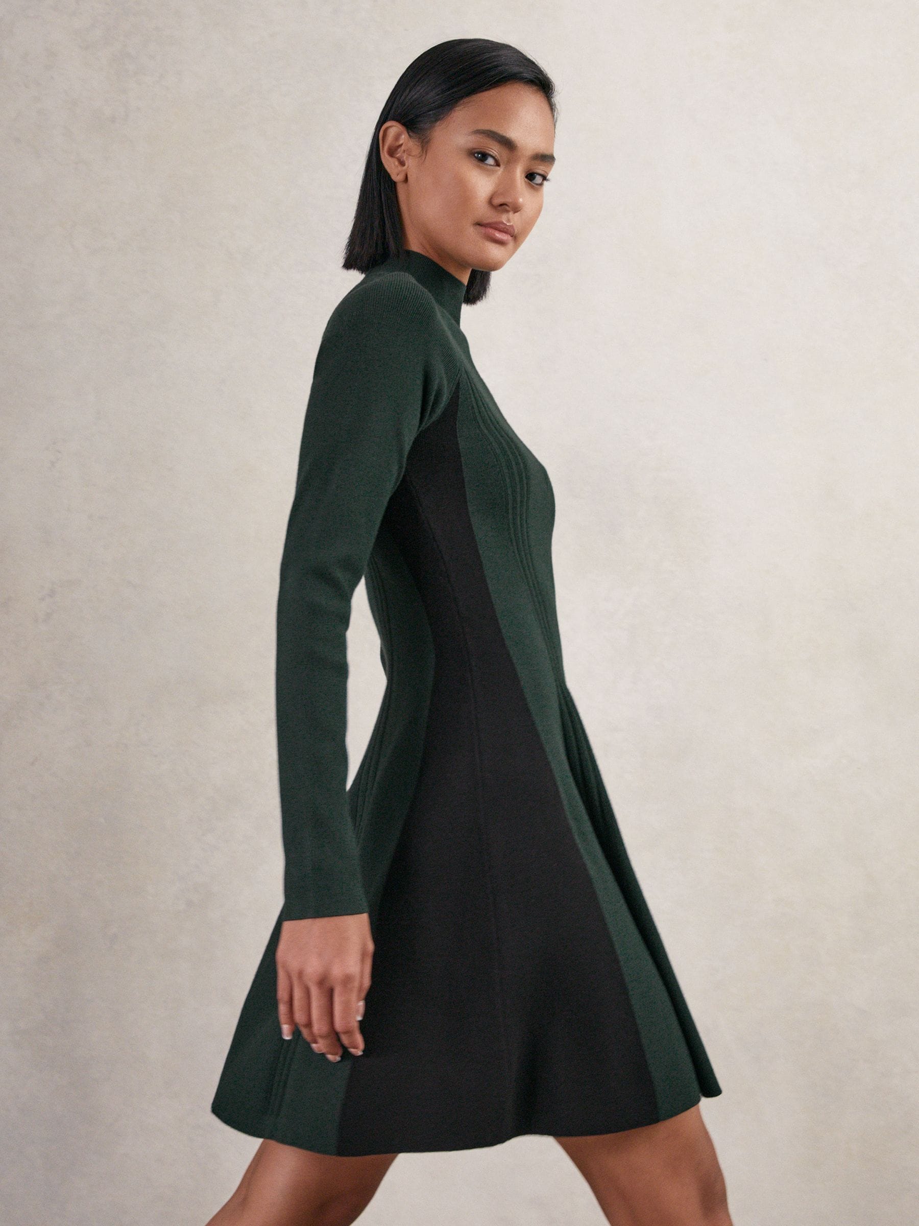 Buy Reiss Green/Black Zadie Knitted Contrast-Panel Skater Dress