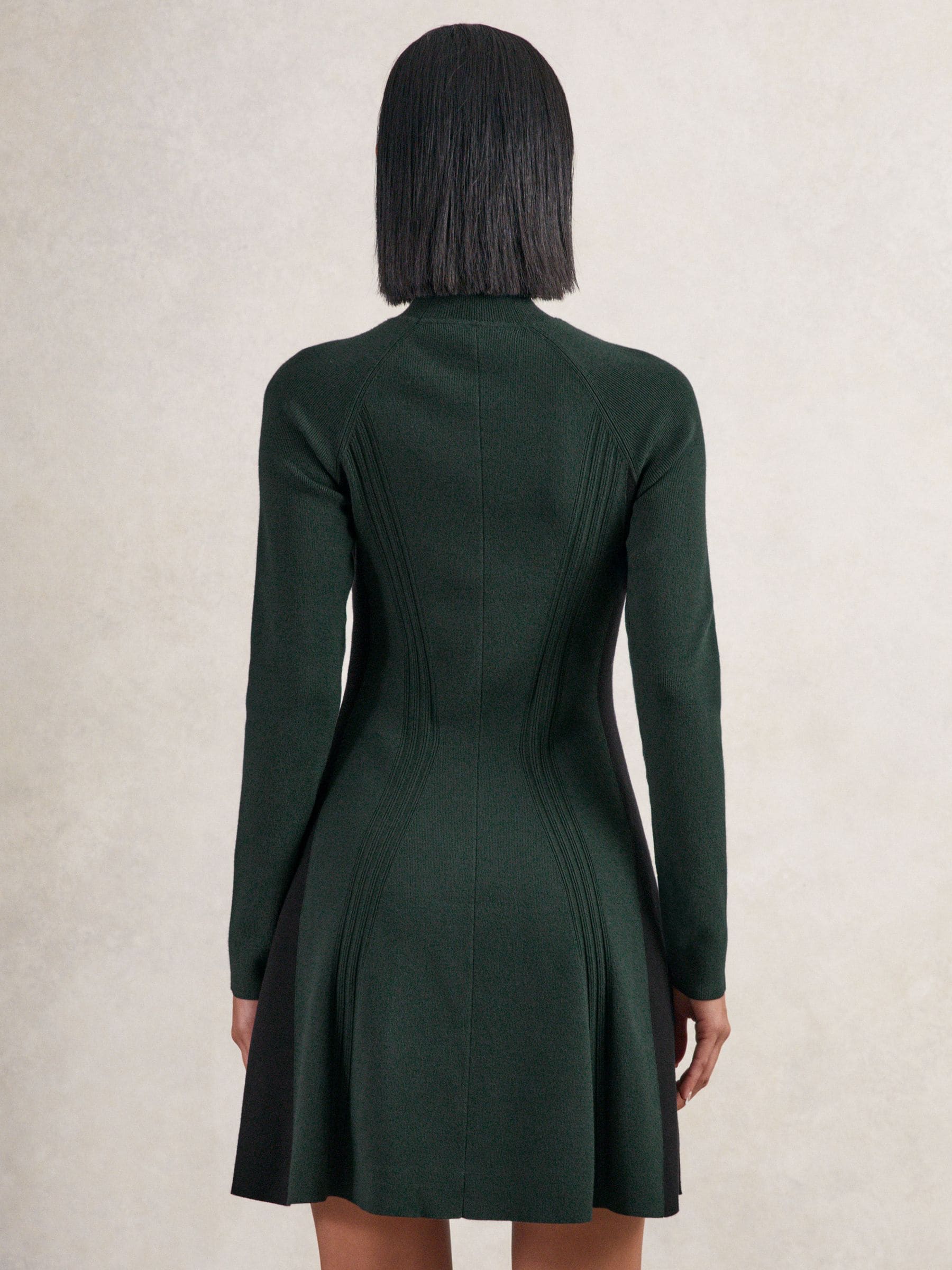 Buy Reiss Green/Black Zadie Knitted Contrast-Panel Skater Dress