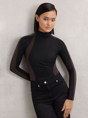 Reiss Black/Chocolate Brown Jessie Stretch-Lyocell Panel Ruched Bodysuit - Image 1 of 6