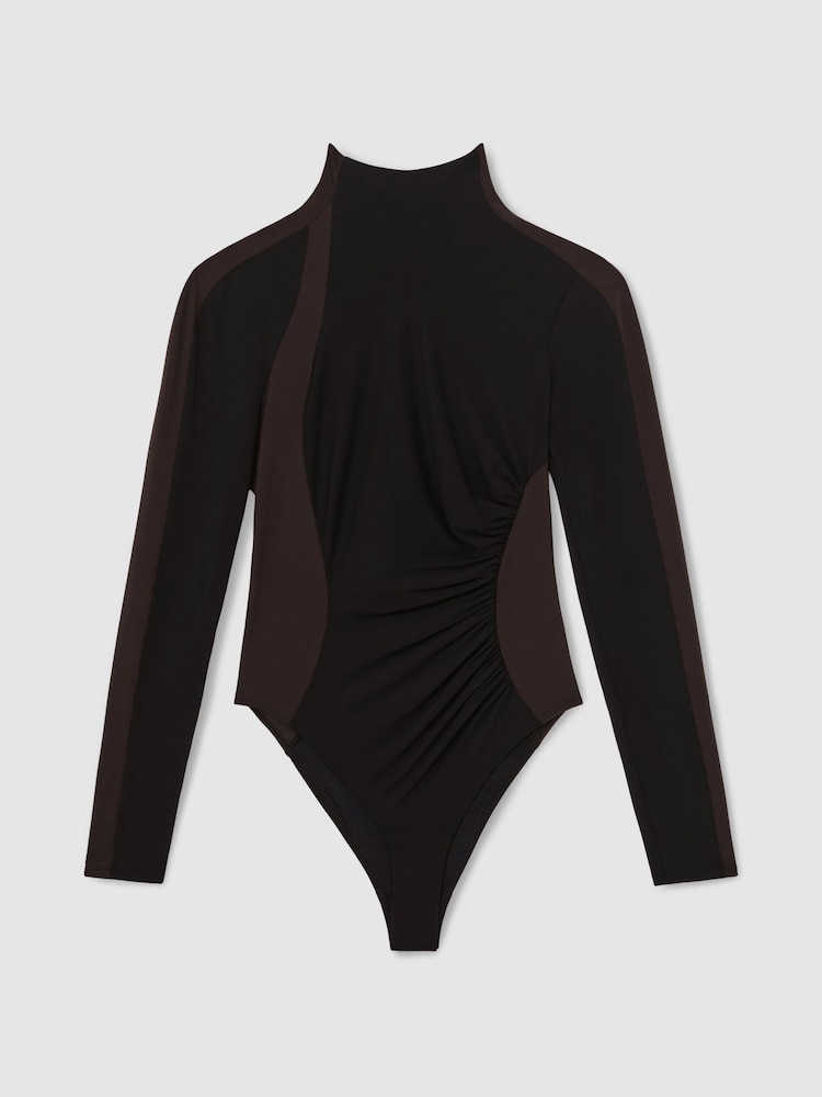 Reiss Black/Chocolate Brown Jessie Stretch-Lyocell Panel Ruched Bodysuit - Image 2 of 6