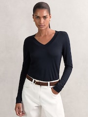 Reiss Navy Brady Jersey V-Neck Top - Image 1 of 5