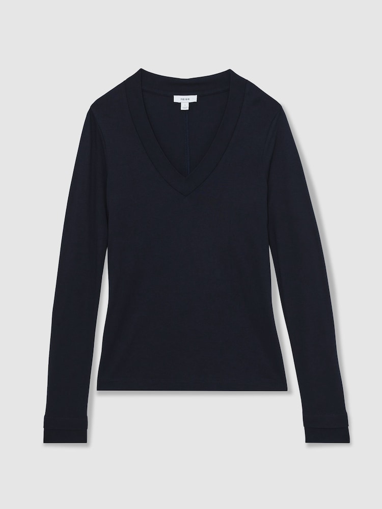 Reiss Navy Brady Jersey V-Neck Top - Image 2 of 5 Reiss Navy Brady Jersey V-Neck Top - Image 2 of 5