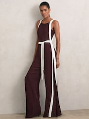 Reiss Burgundy/Cream Salma Colour-Block Wide-Leg Belted Jumpsuit - Image 1 of 6