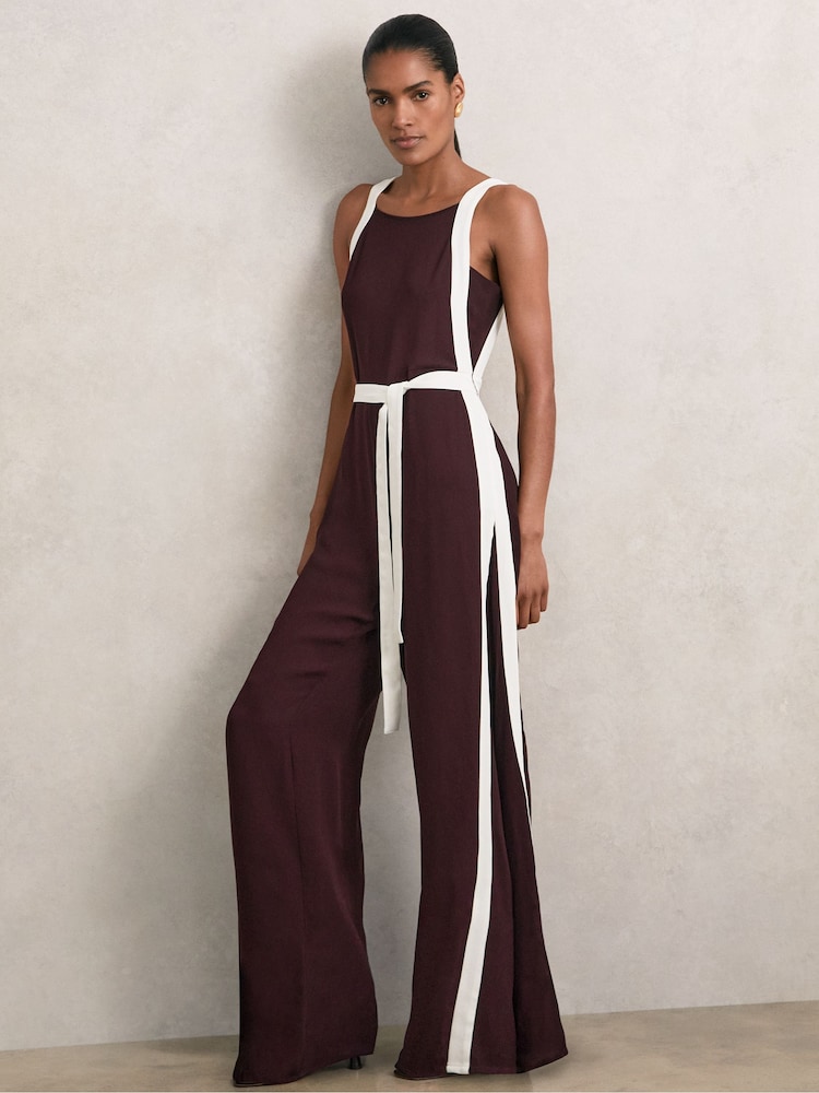 Reiss Burgundy/Cream Salma Colour-Block Wide-Leg Belted Jumpsuit - Image 1 of 6