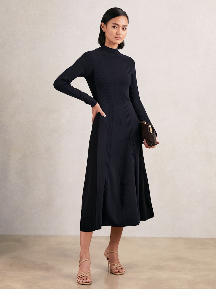Reiss Navy/Black Zaya Petite Knitted Contrast-Panel Midi Dress - Image 1 of 7