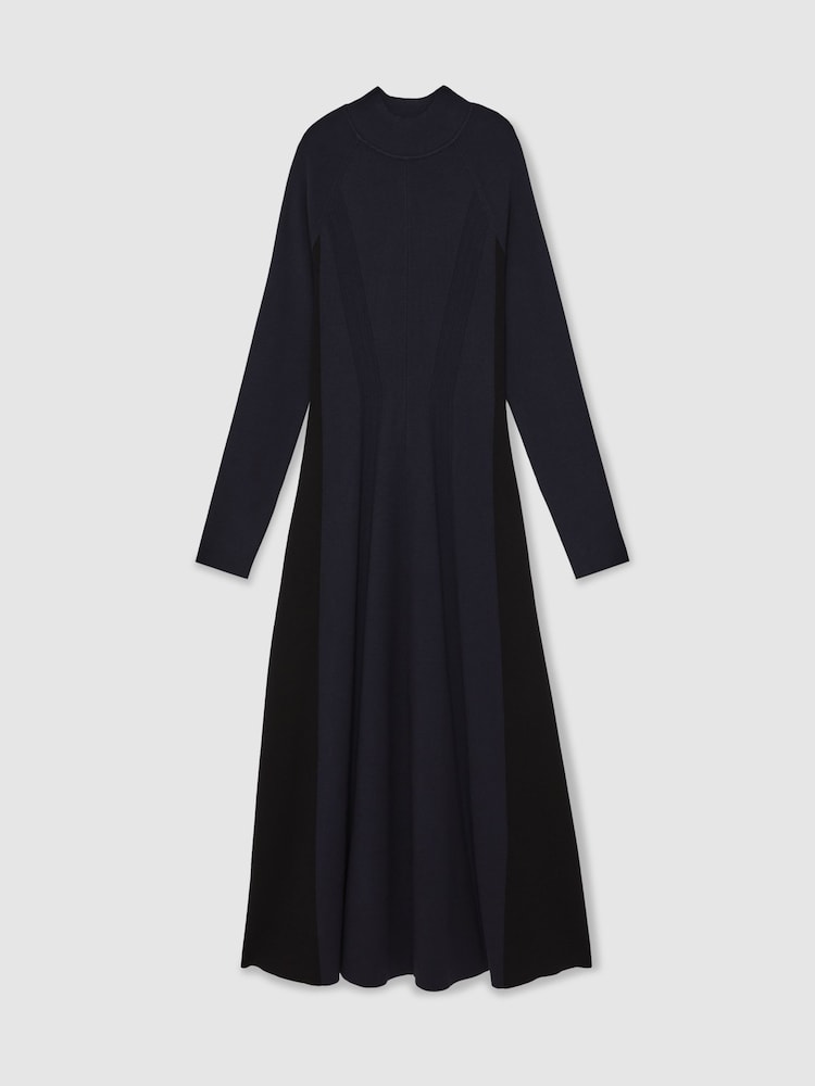 Reiss Navy/Black Zaya Petite Knitted Contrast-Panel Midi Dress - Image 2 of 7