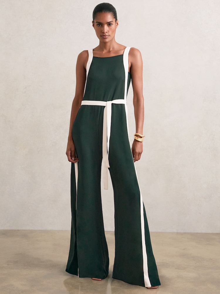 Reiss Dark Green/Cream Salma Colourblock Wide Leg Belted Jumpsuit - Image 1 of 6 Reiss Dark Green/Cream Salma Colourblock Wide Leg Belted Jumpsuit - Image 1 of 6