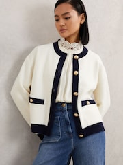 Reiss Cream/Navy Olive Wool-Cashmere Crew-Neck Cardigan - Image 1 of 6