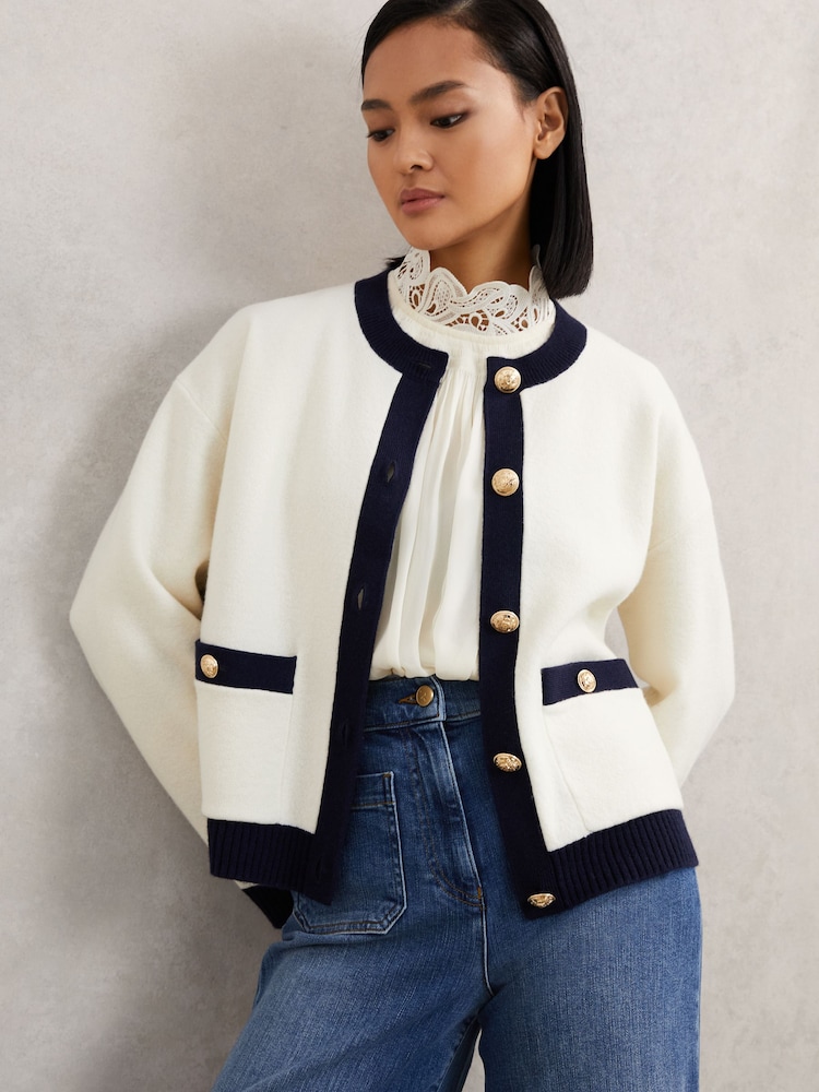Reiss Cream/Navy Olive Wool-Cashmere Crew-Neck Cardigan - Image 1 of 6 Reiss Cream/Navy Olive Wool-Cashmere Crew-Neck Cardigan - Image 1 of 6